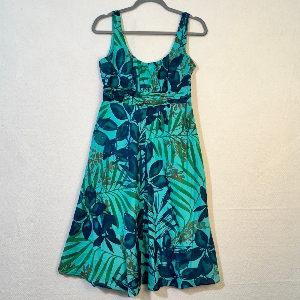 Evan Picone Sleeveless Tropical Print Teal Blue Midi Dress Size 8 Cotton Lined